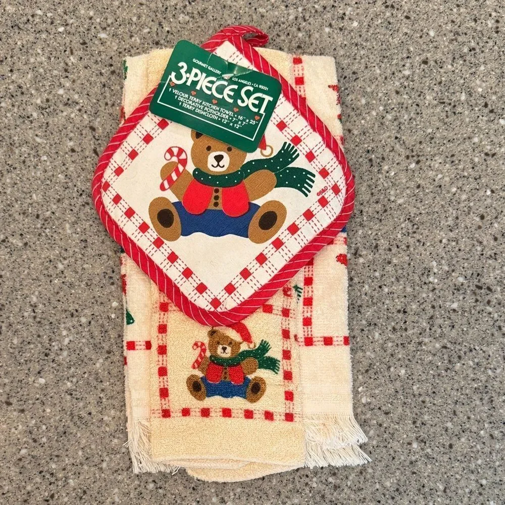 GOURMET GALLERY Vintage 80s/90s Teddy Bear Christmas Potholder/Towel Set *NEW*